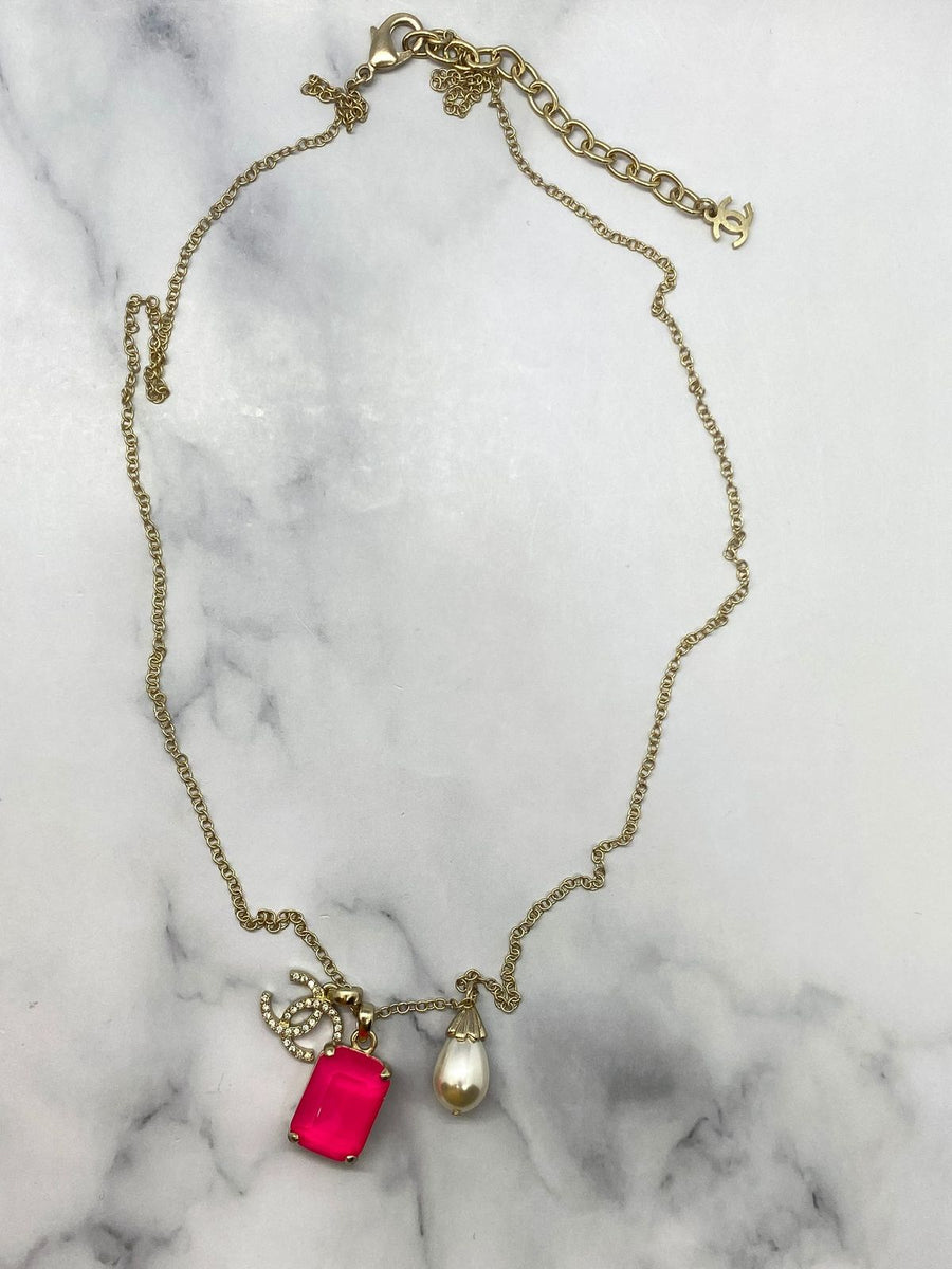 CHANEL CC Pink Rhinestone Charm Necklace - USED