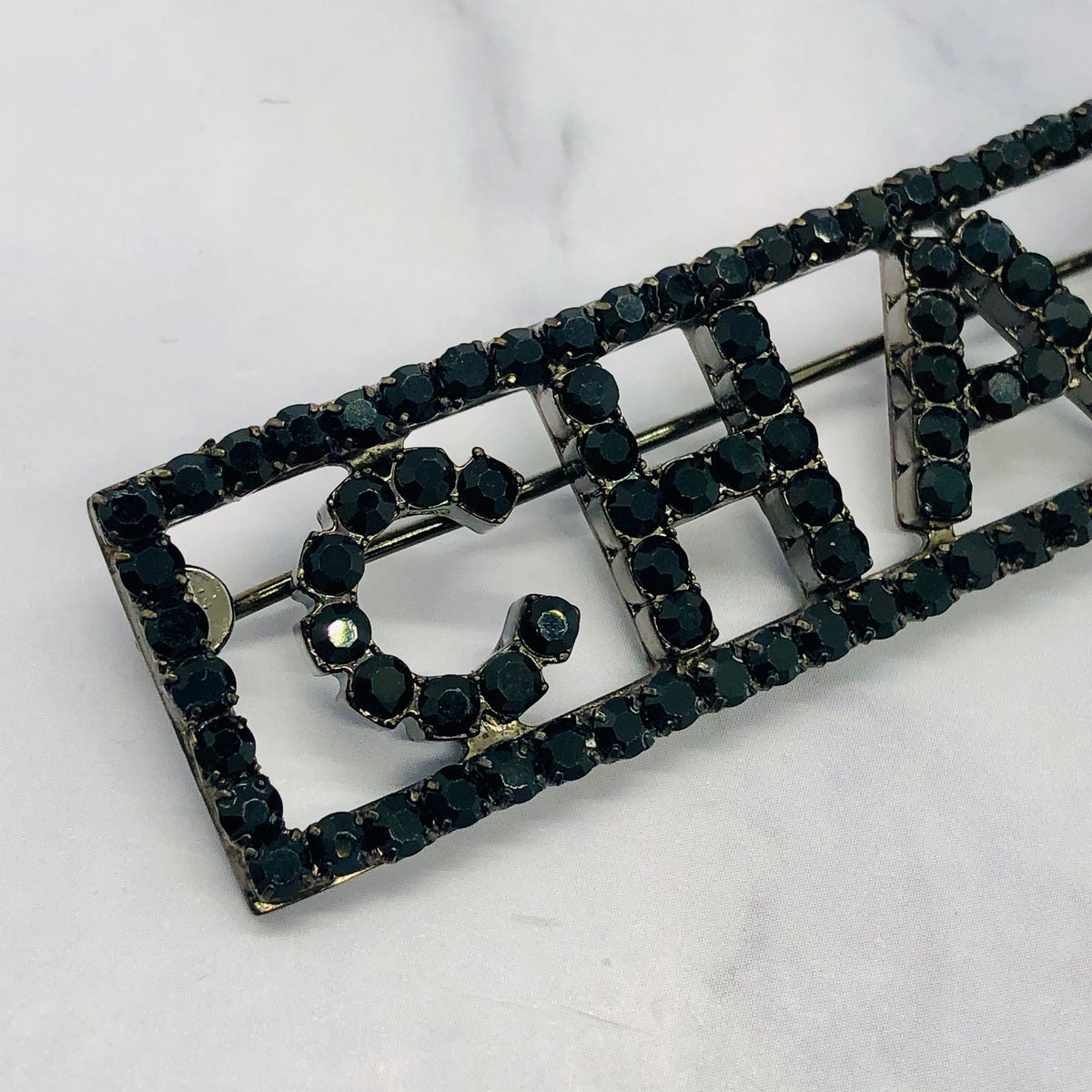 CHANEL Black Rhinestone Name Plate Brooch Pin - Pre owned