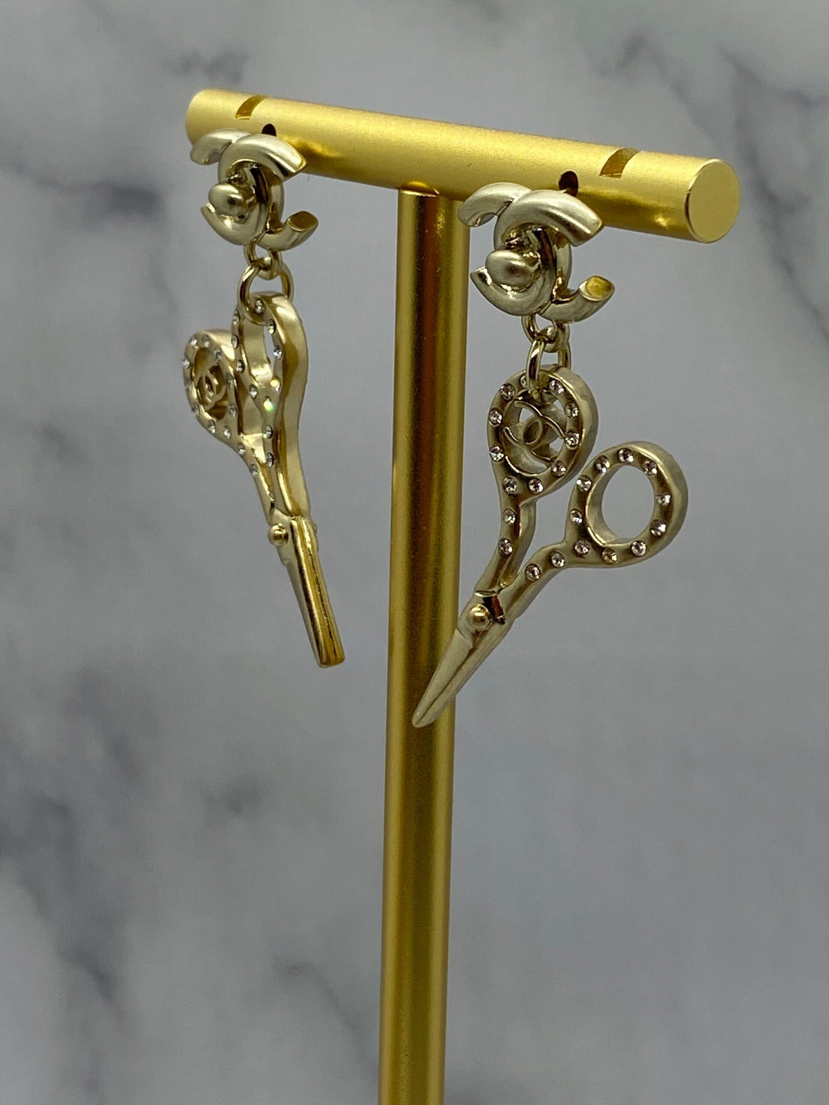 CHANEL CC Gold Tone Rhinestone Scissor Earrings - Pre owned
