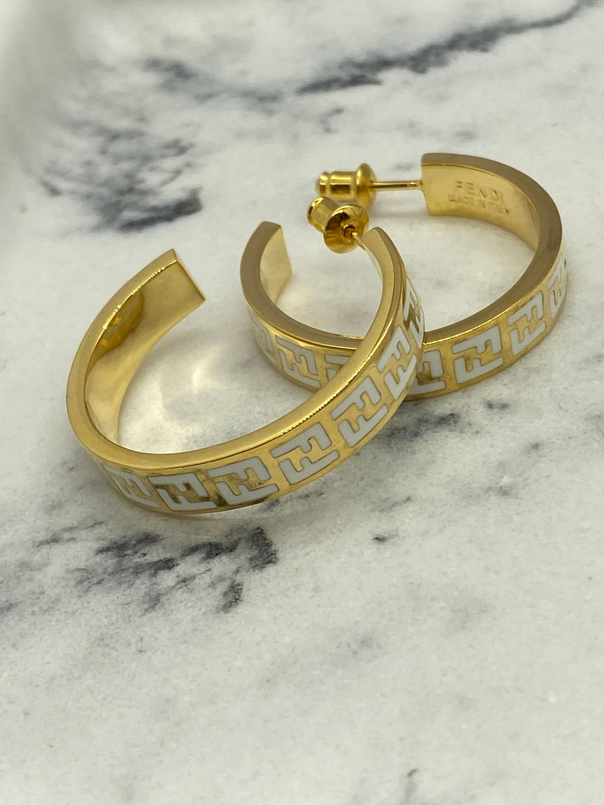 FENDI F Gold Tone White Hoop Earrings - Pre owned