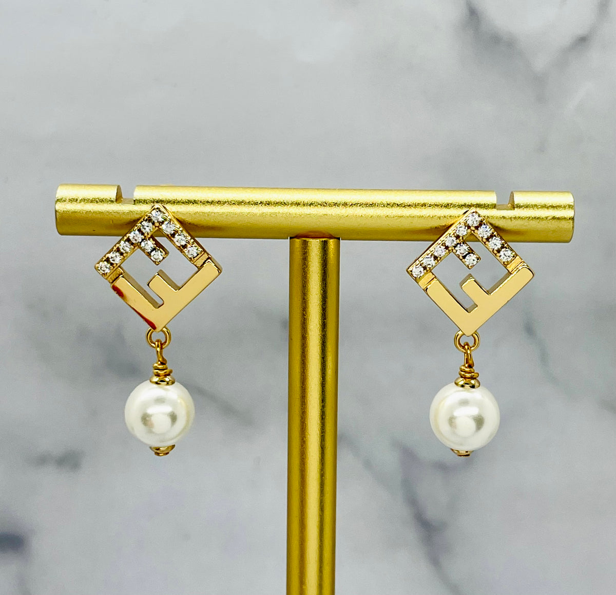 FENDI Rhinestone & Pearl Pendant Earrings - Pre owned