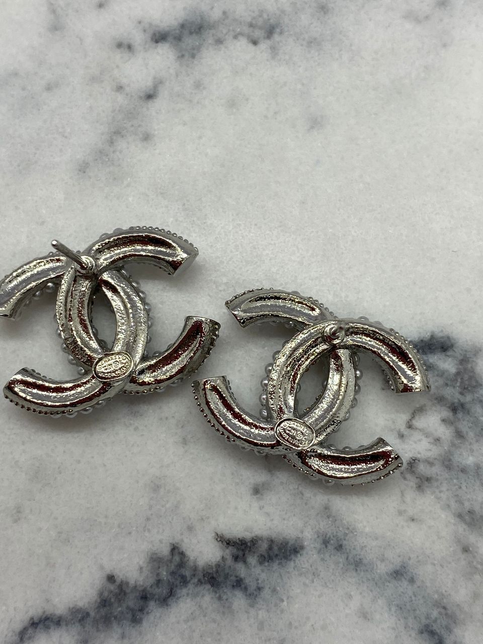 CHANEL CC Silver Tone Pearl Trim Earrings - Pre owned