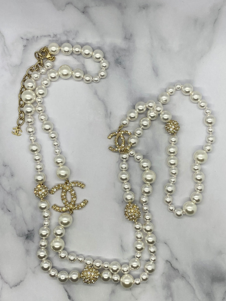 CHANEL CC Pearl Long Layer Statement Necklace - USED