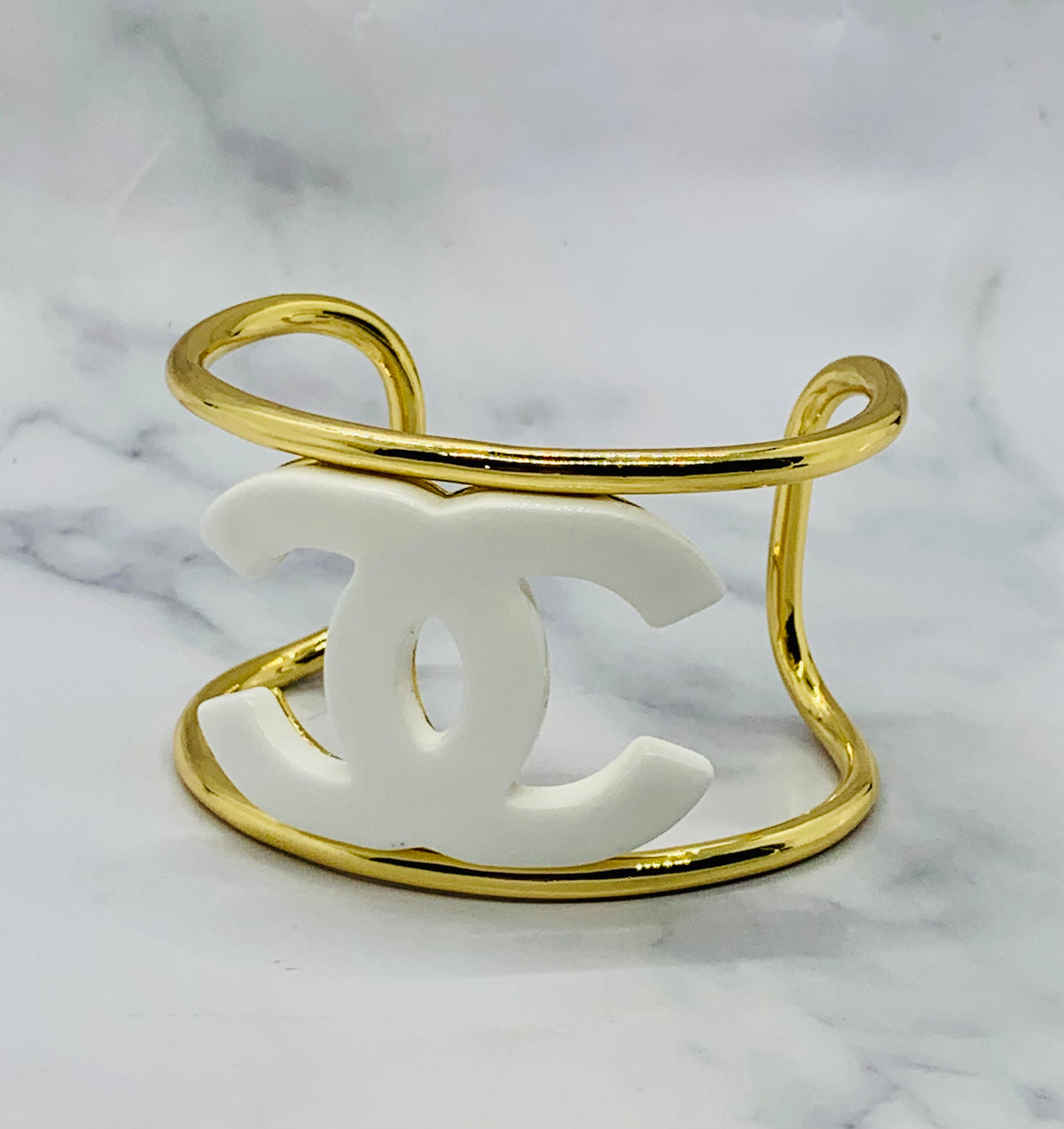 CHANEL CC White & Gold Bangle Cuff Bracelet - USED