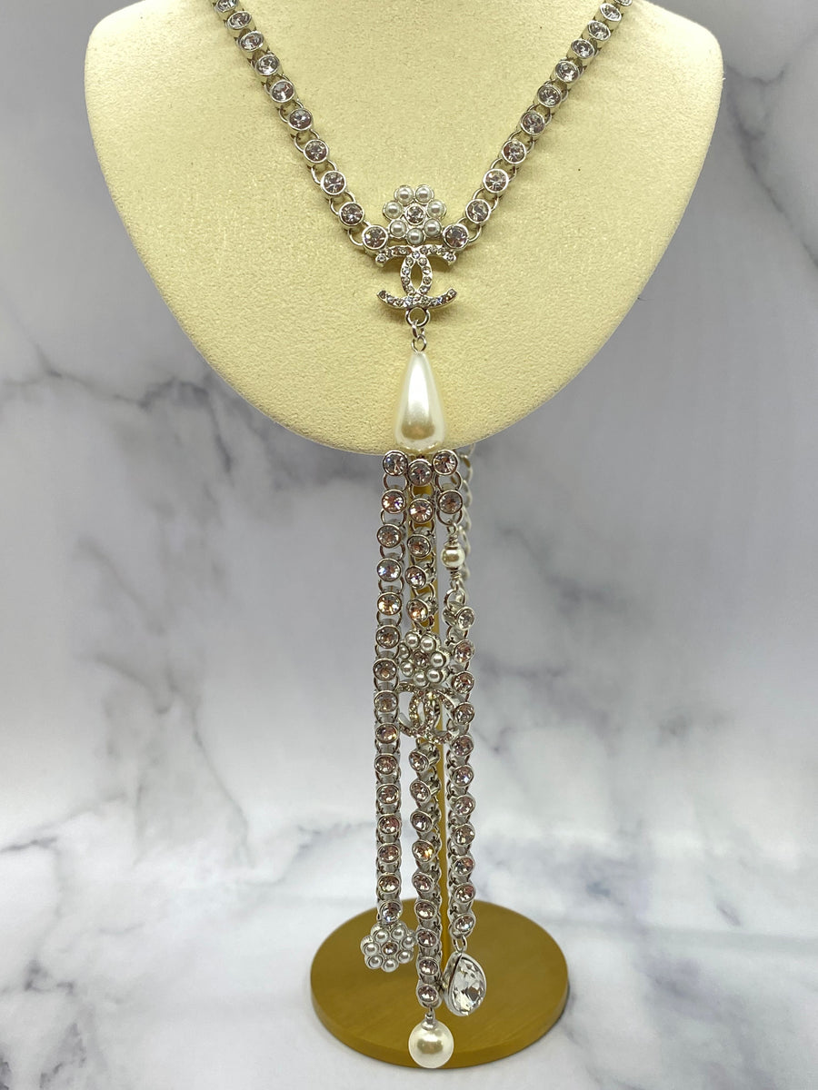 CHANEL CC Gold Tone Rhinestone Fringe Necklace - USED