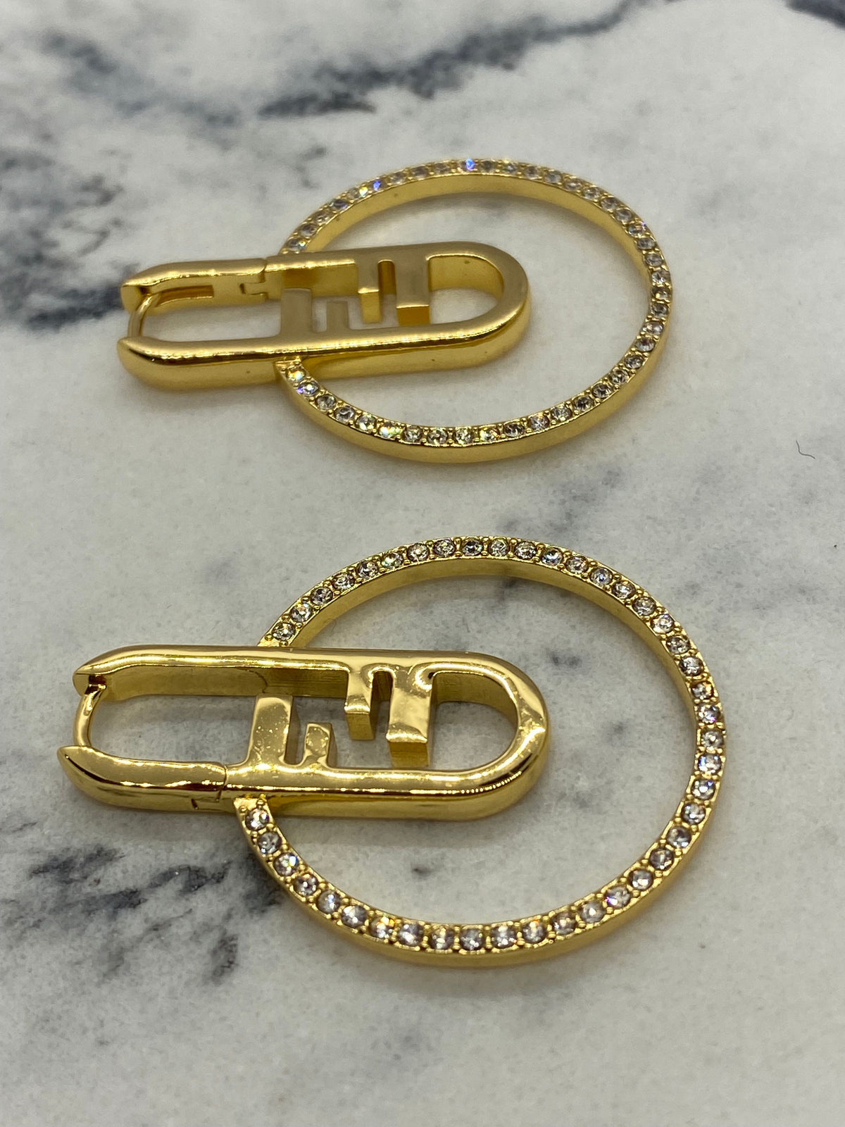 FENDI F Gold Tone Rhinestone Disc Earrings - Pre owned