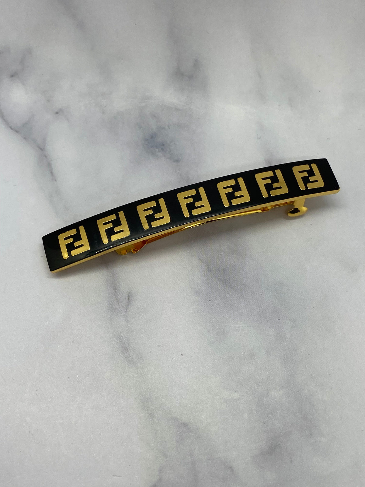 FENDI FF Gold Tone Black Enamel Hair Clip Barrette - Pre owned