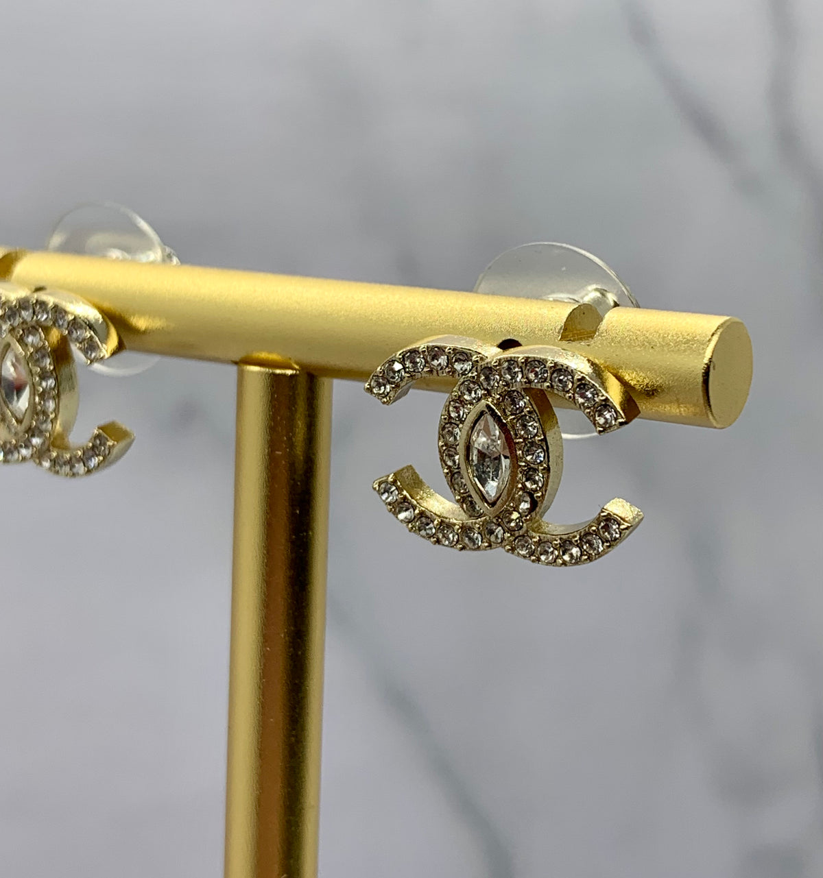 CHANEL CC Gold Tone Rhinestone Earrings - USED