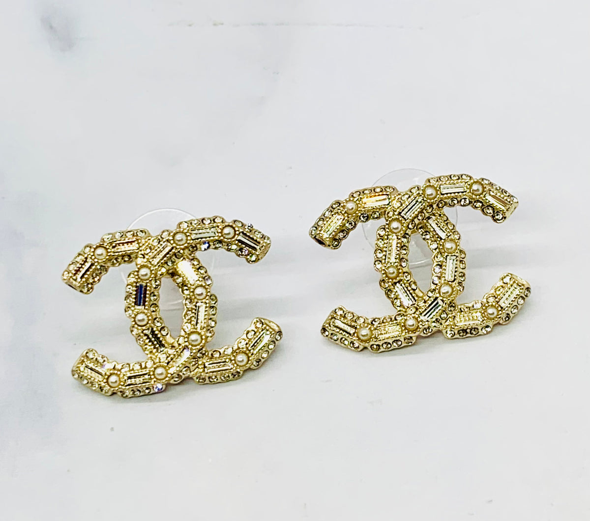 CHANEL CC Gold Tone Rhinestone Earrings - USED