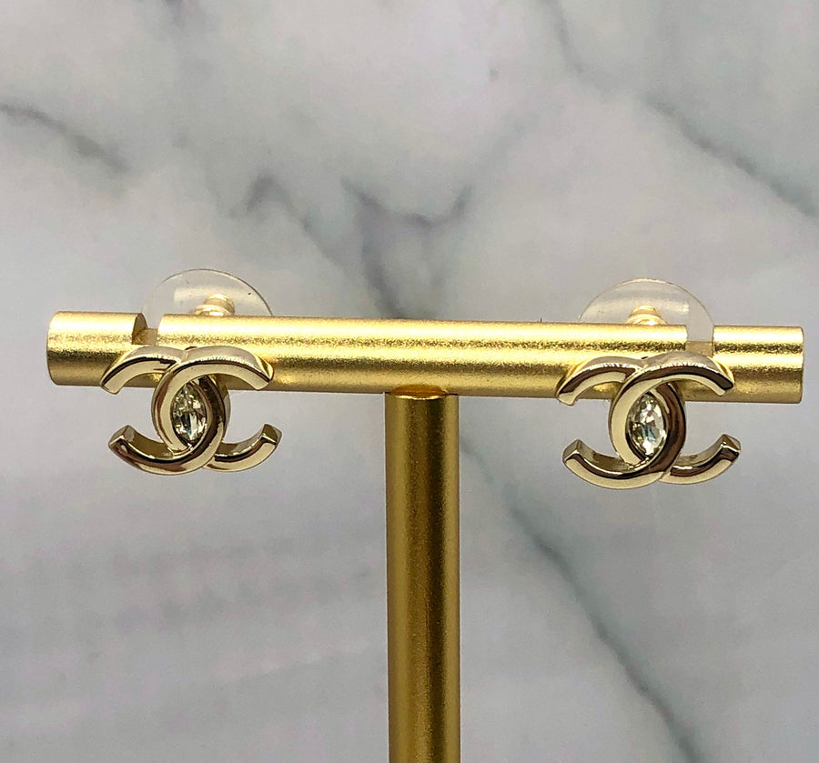 CHANEL CC Light Gold Tone Rhinestone Earrings - Pre owned