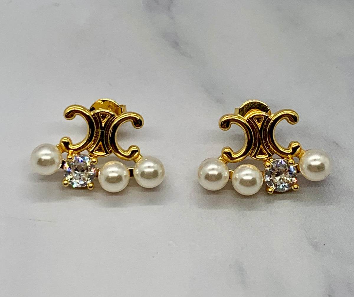 CELINE Pearl Monogram Logo Earrings - Pre owned