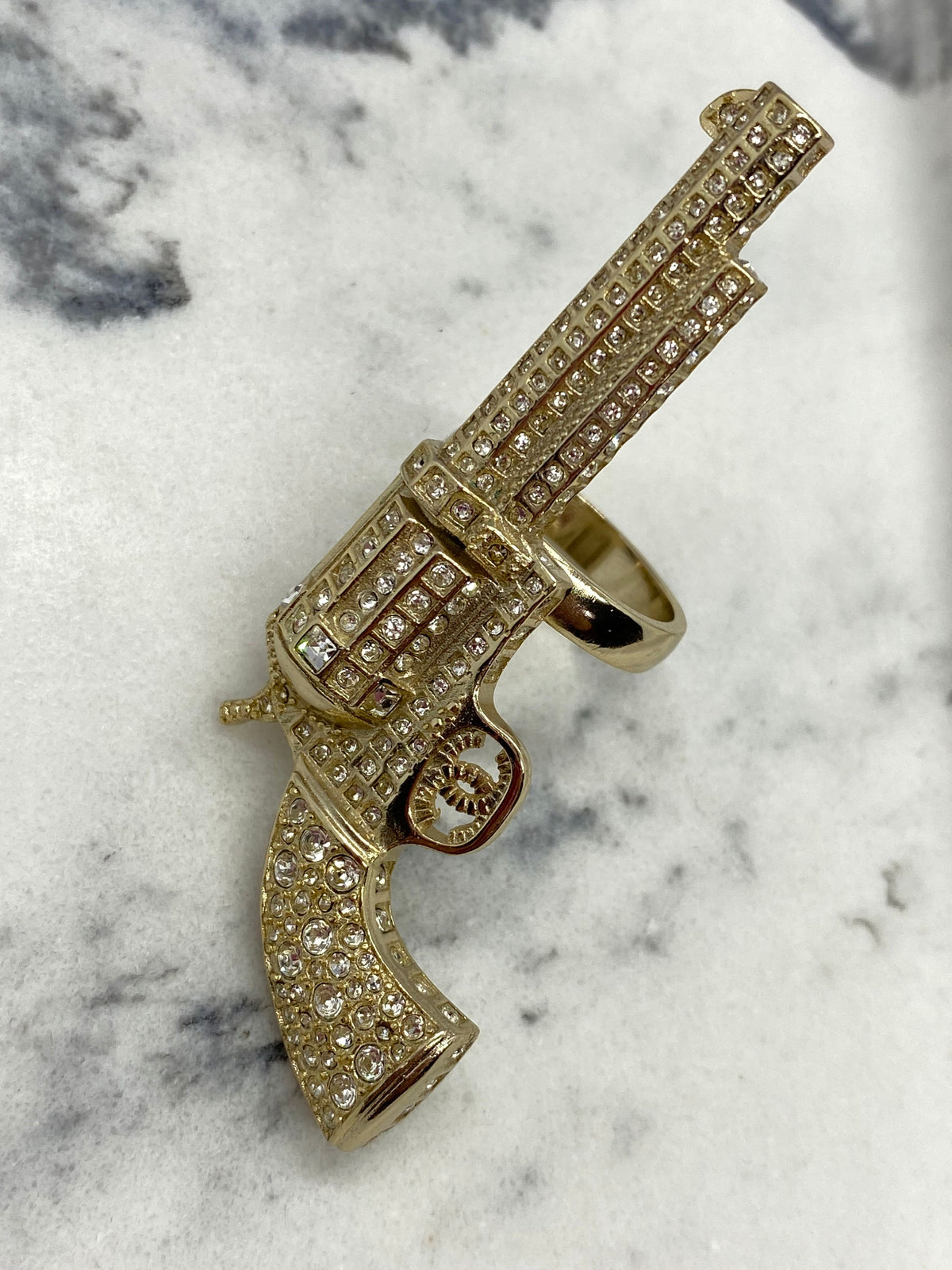 CHANEL CC Gold Rhinestone Gun Ring - Size 7 M
