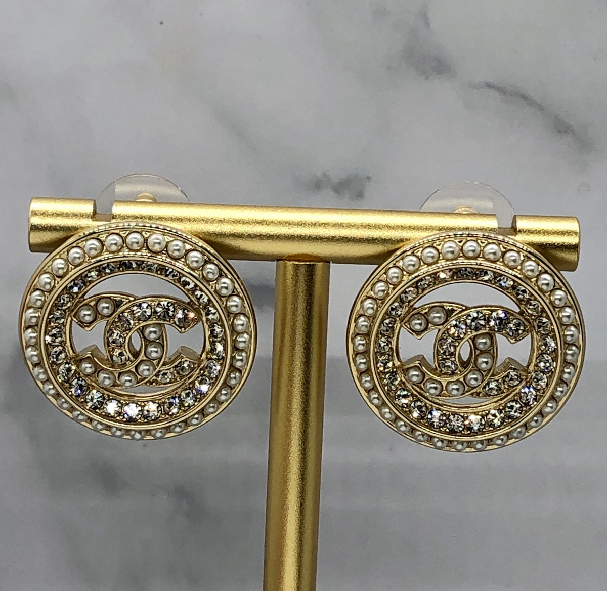 CHANEL CC Gold Tone Rhinestone Circle Earrings - Pre owned