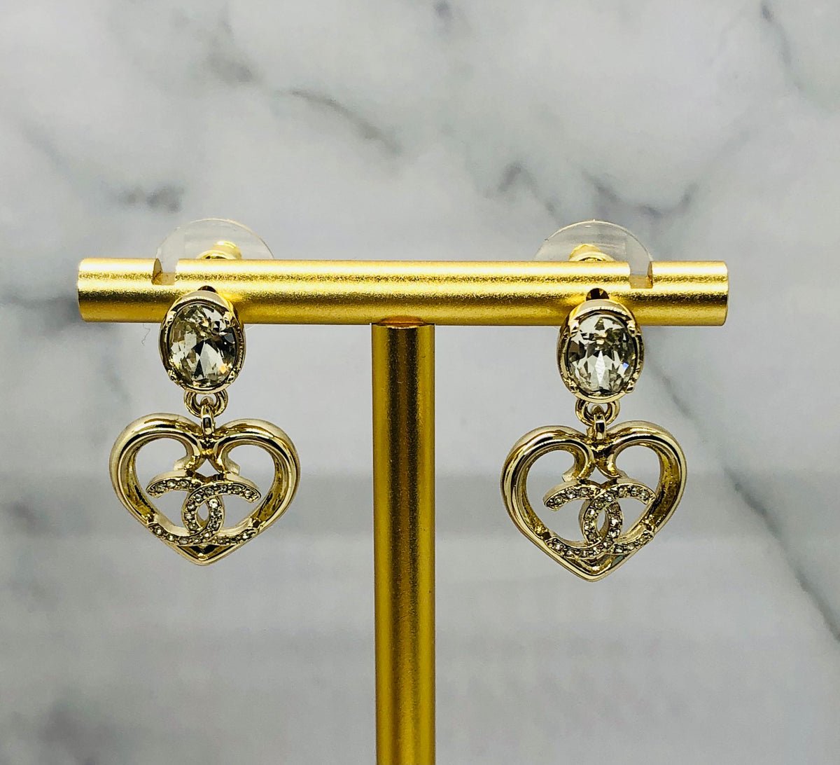 CHANEL CC Rhinestone Heart Pendant Earrings - USED