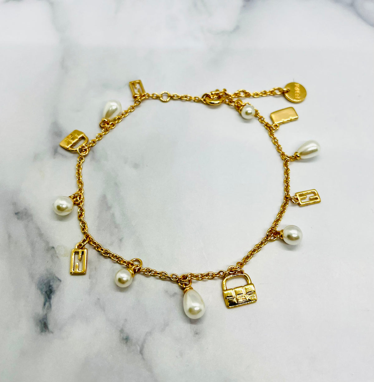 FENDI Gold Tone Pearl Baguette Bracelet - Pre owned