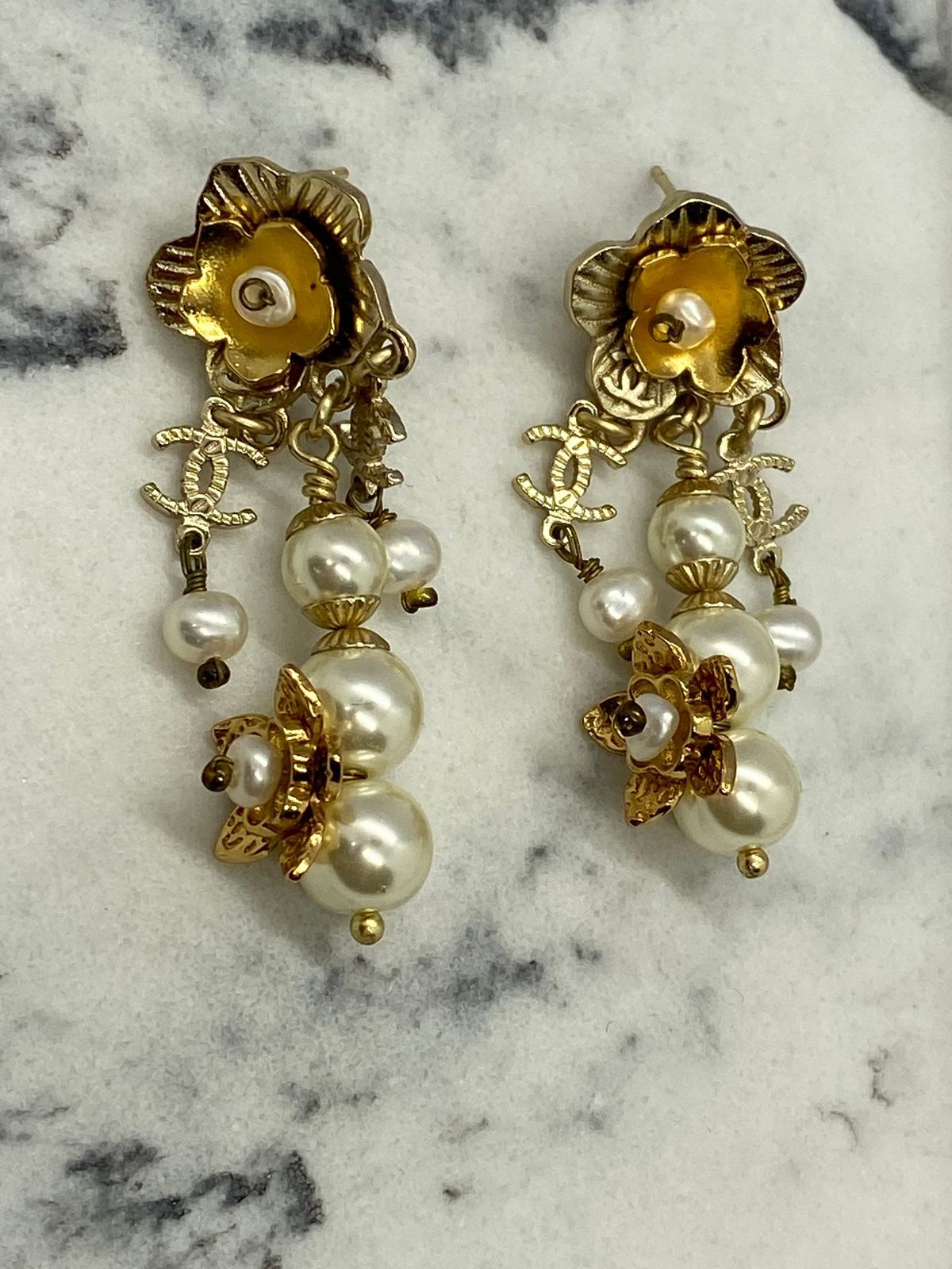 CHANEL CC 2017 Rare Golden Camelia Blossom Earrings - USED