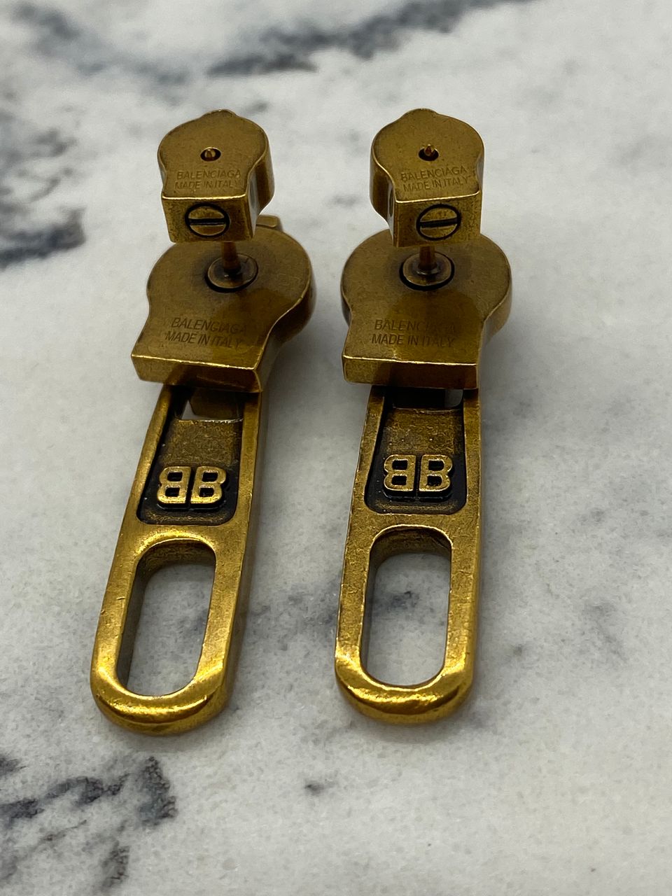BALENCIAGA BB Brass Tone Zipper Earrings - USED
