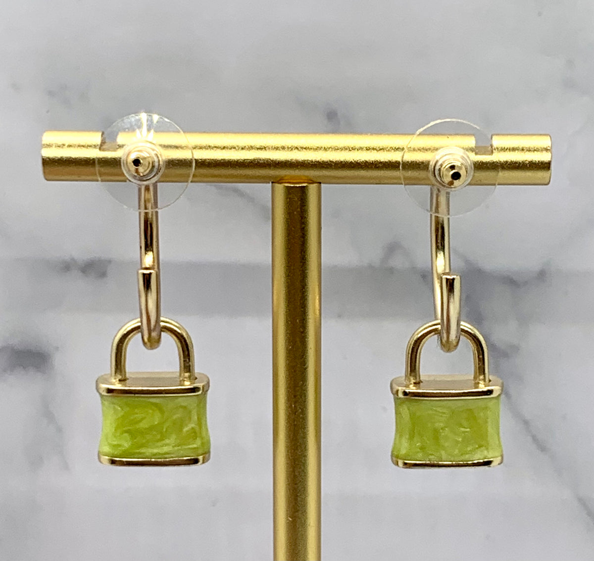 CHANEL CC Green Lock Pendant Hoop Earrings - USED