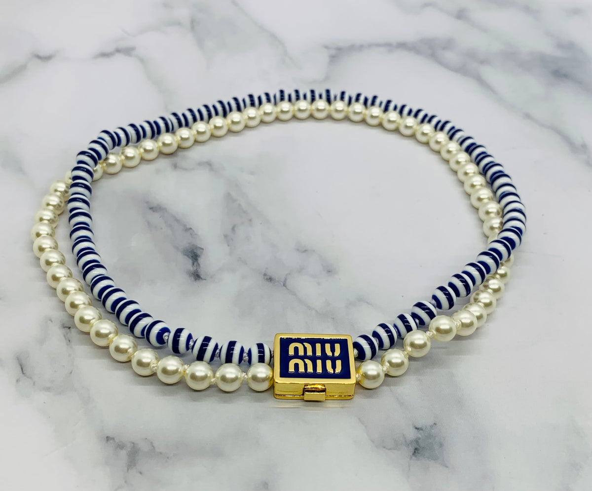 MIU MIU Pearl & Blue Striped Necklace - Pre owned