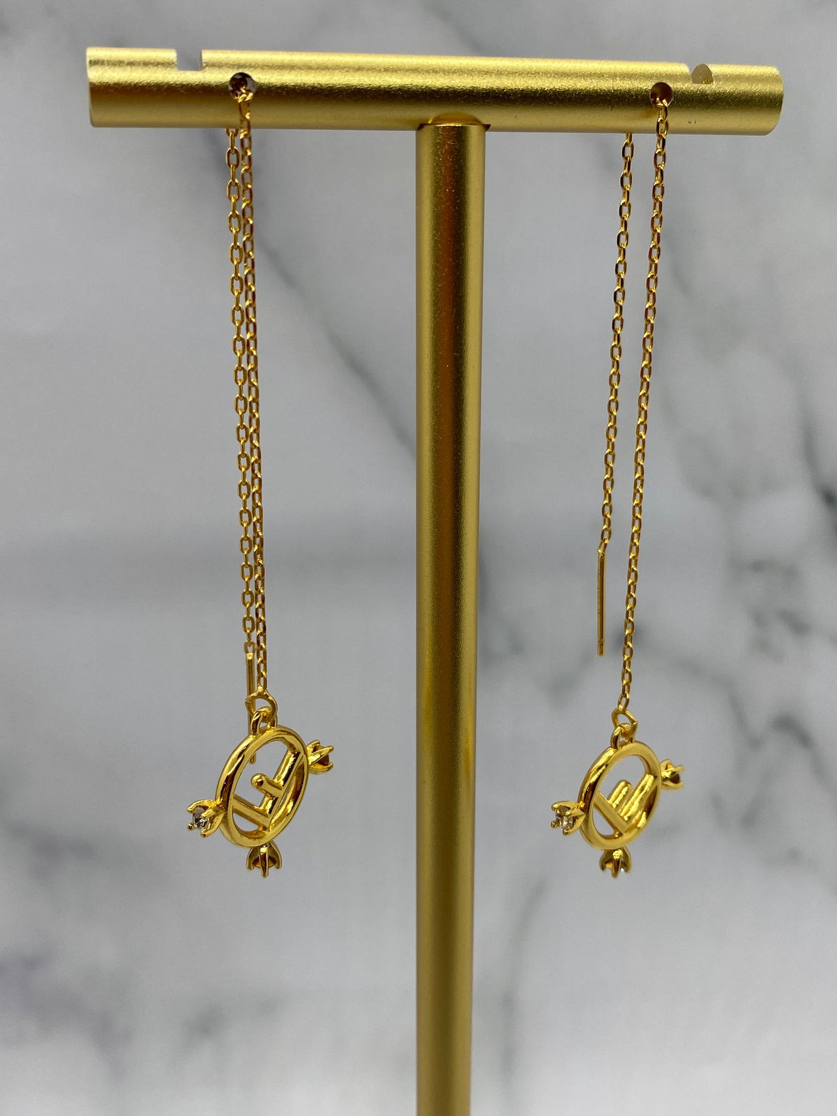 FENDI F Gold Tone Threaded Rhinestone Earrings - Pre owned