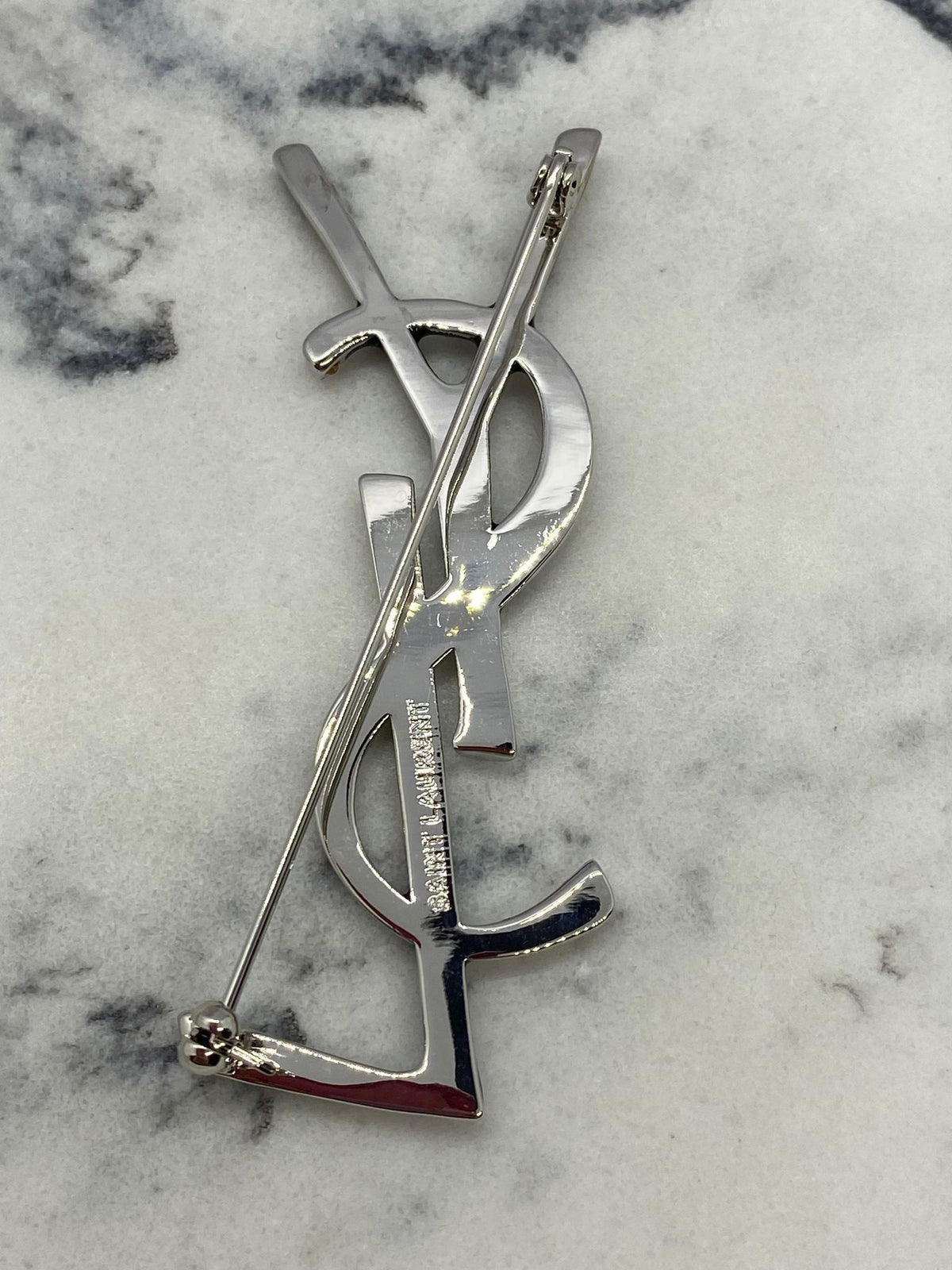 YVES SAINT LAURENT Silver Tone Rhinestone Brooch Pin - Pre owned