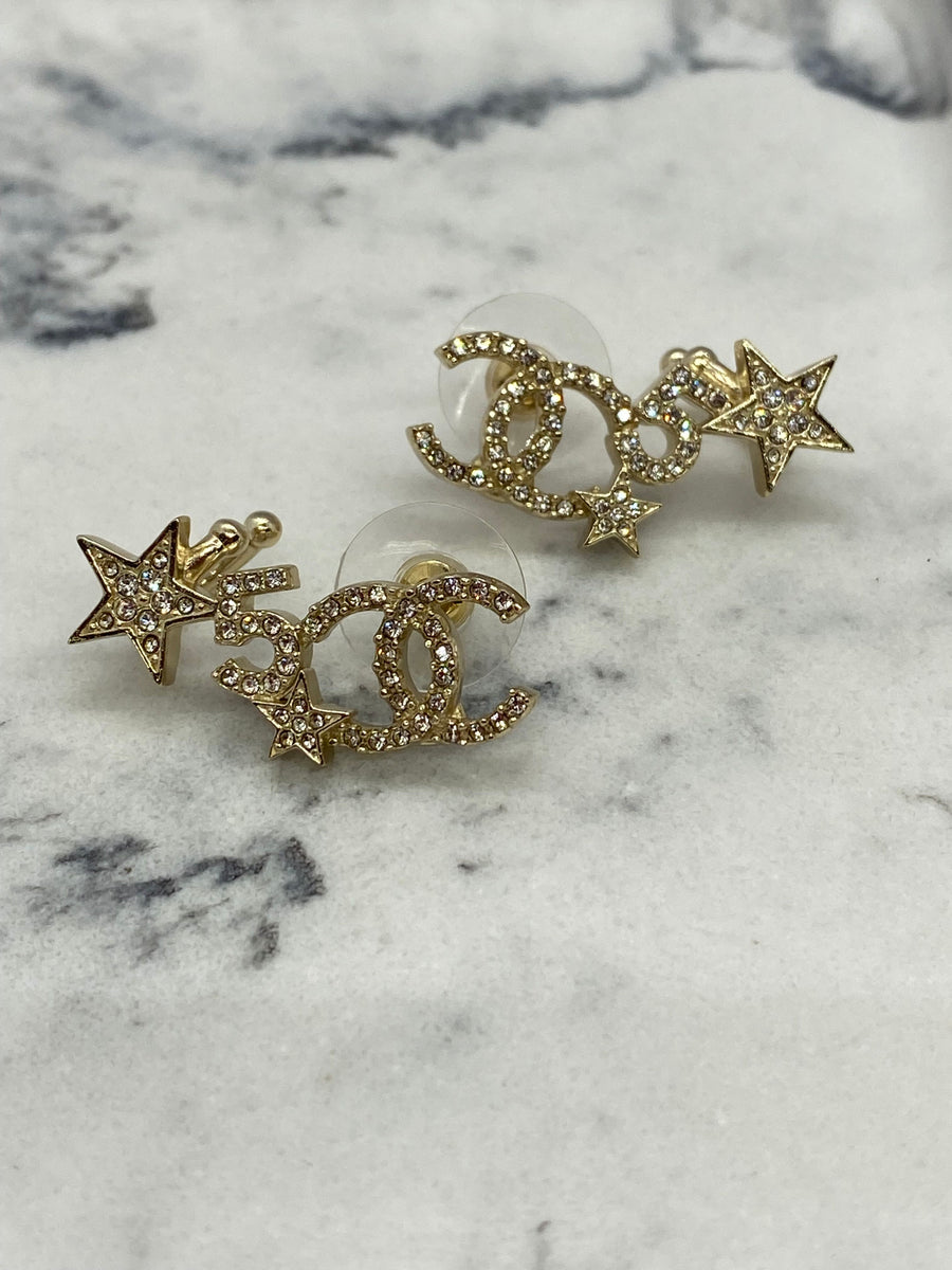 CHANEL CC Gold Tone Rhinestone Star Climber Earrings - USED