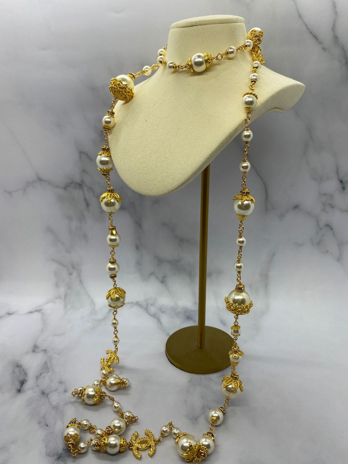 CHANEL CC Gold Tone Long Pearl Wrap Necklace - USED