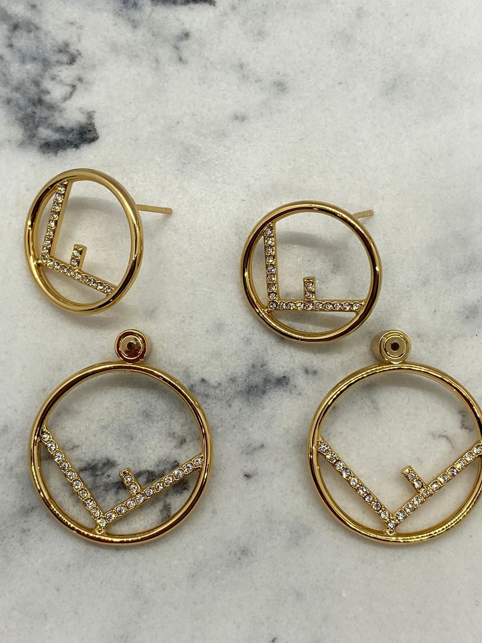 FENDI F Gold Tone Rhinestone Double Loop Earrings - Pre owned