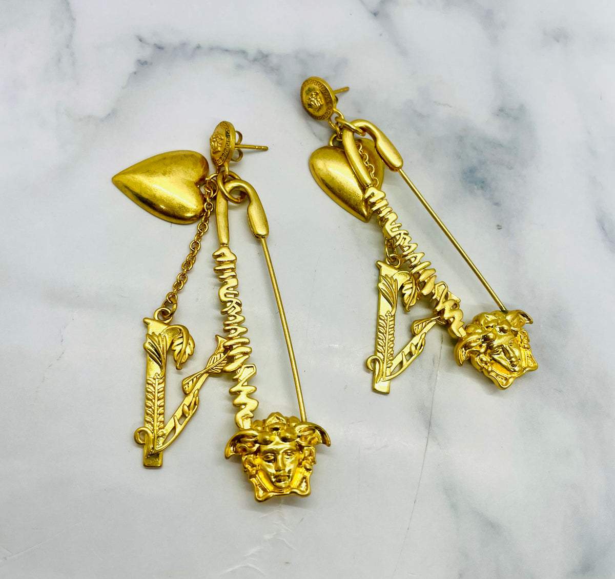 VERSACE Medusa Gold Tone Safety Pin Heart Pendant Earrings - Pre owned