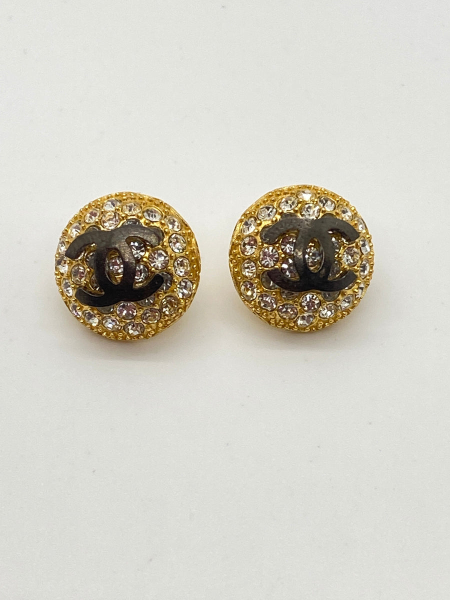 CHANEL CC Gold Tone Rhinestone Button Earrings - Pre owned
