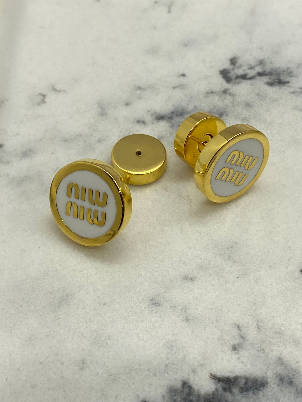 MIU MIU Gold Tone White Button Earrings - Pre owned