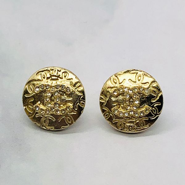 CHANEL CC Gold Tone Button Earrings - USED