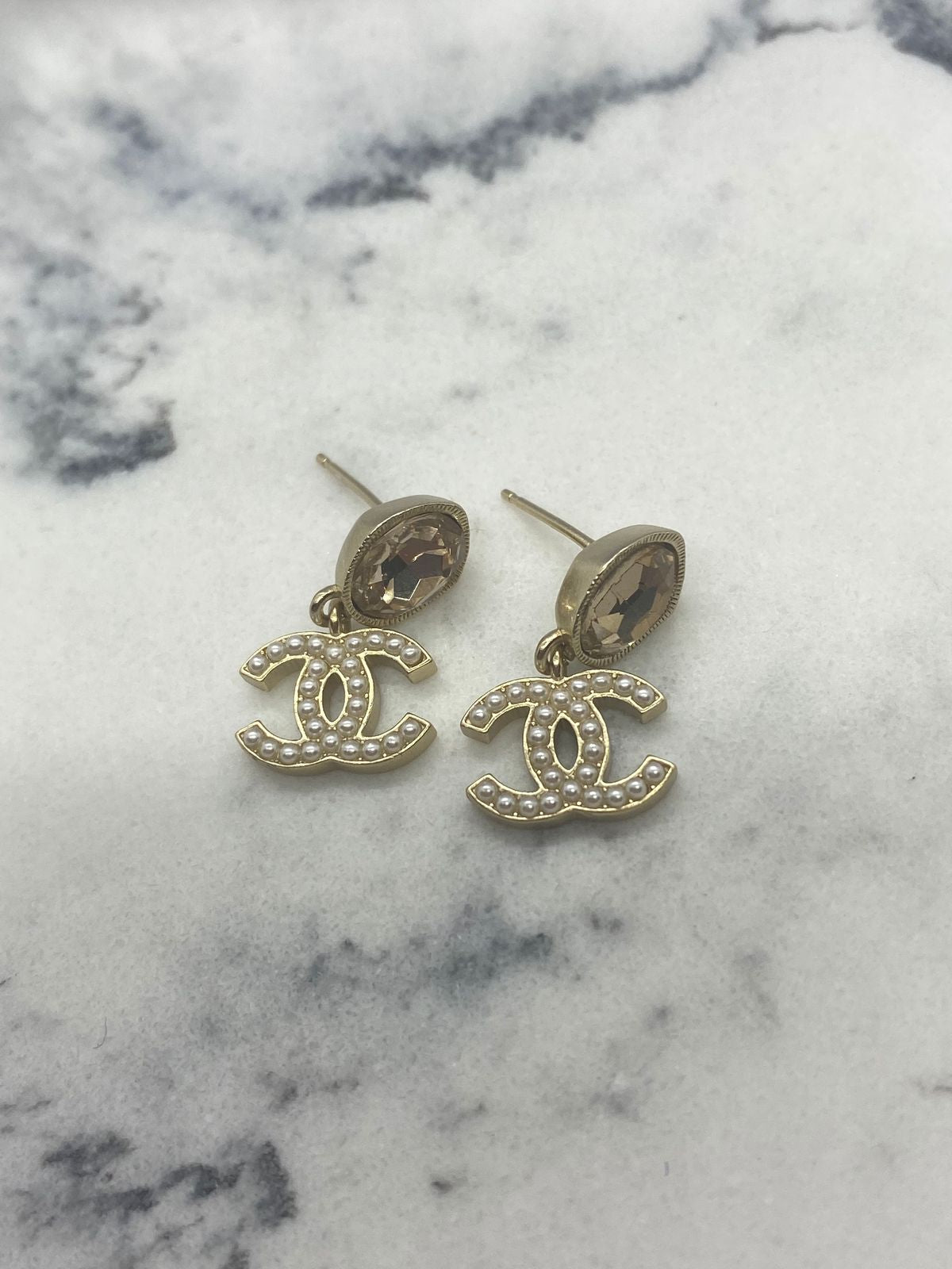CHANEL CC Gold Tone Rhinestone Pendant Earrings - Pre owned