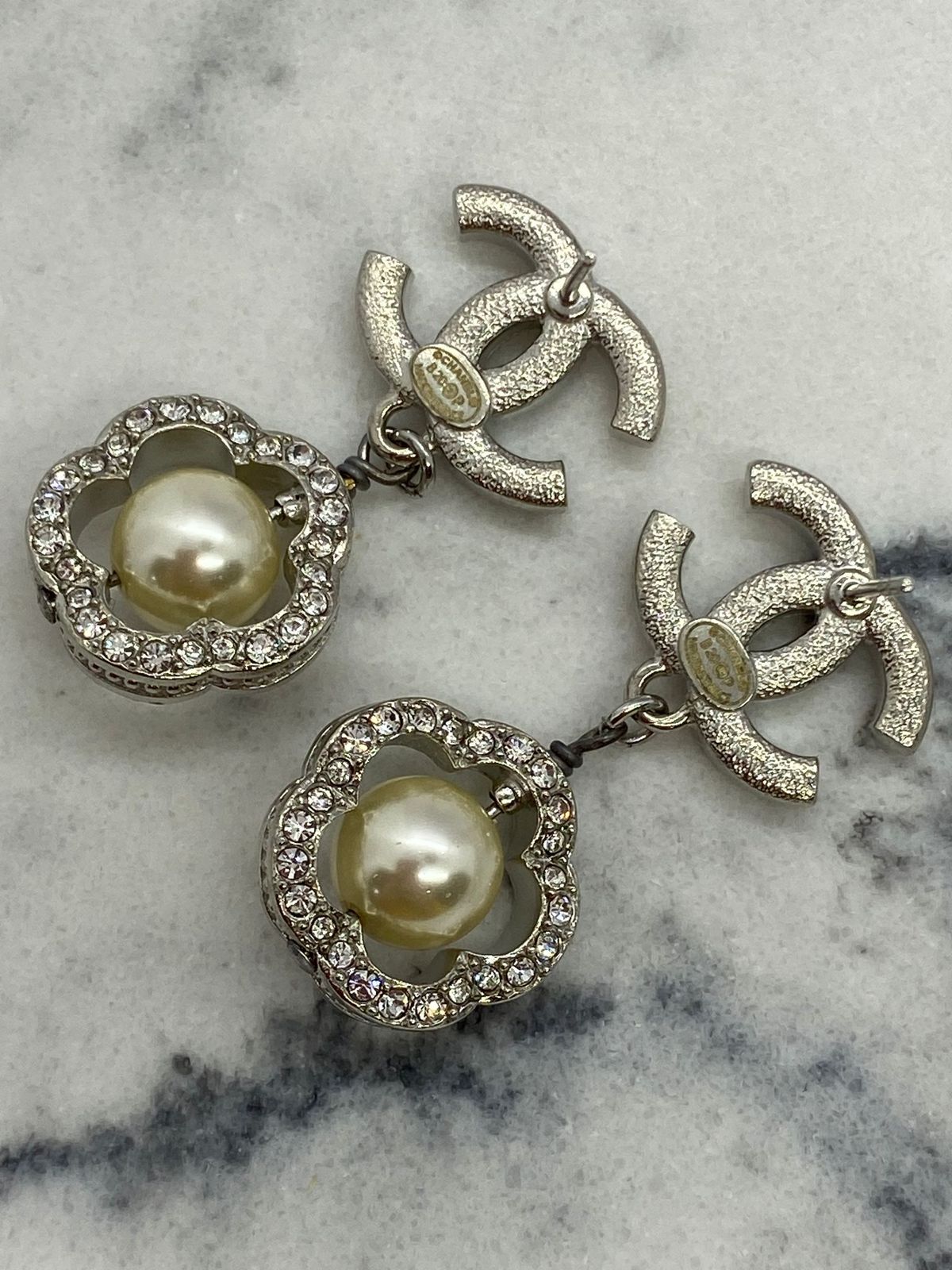 CHANEL CC Silver Tone Pearl Pendant Earrings - USED
