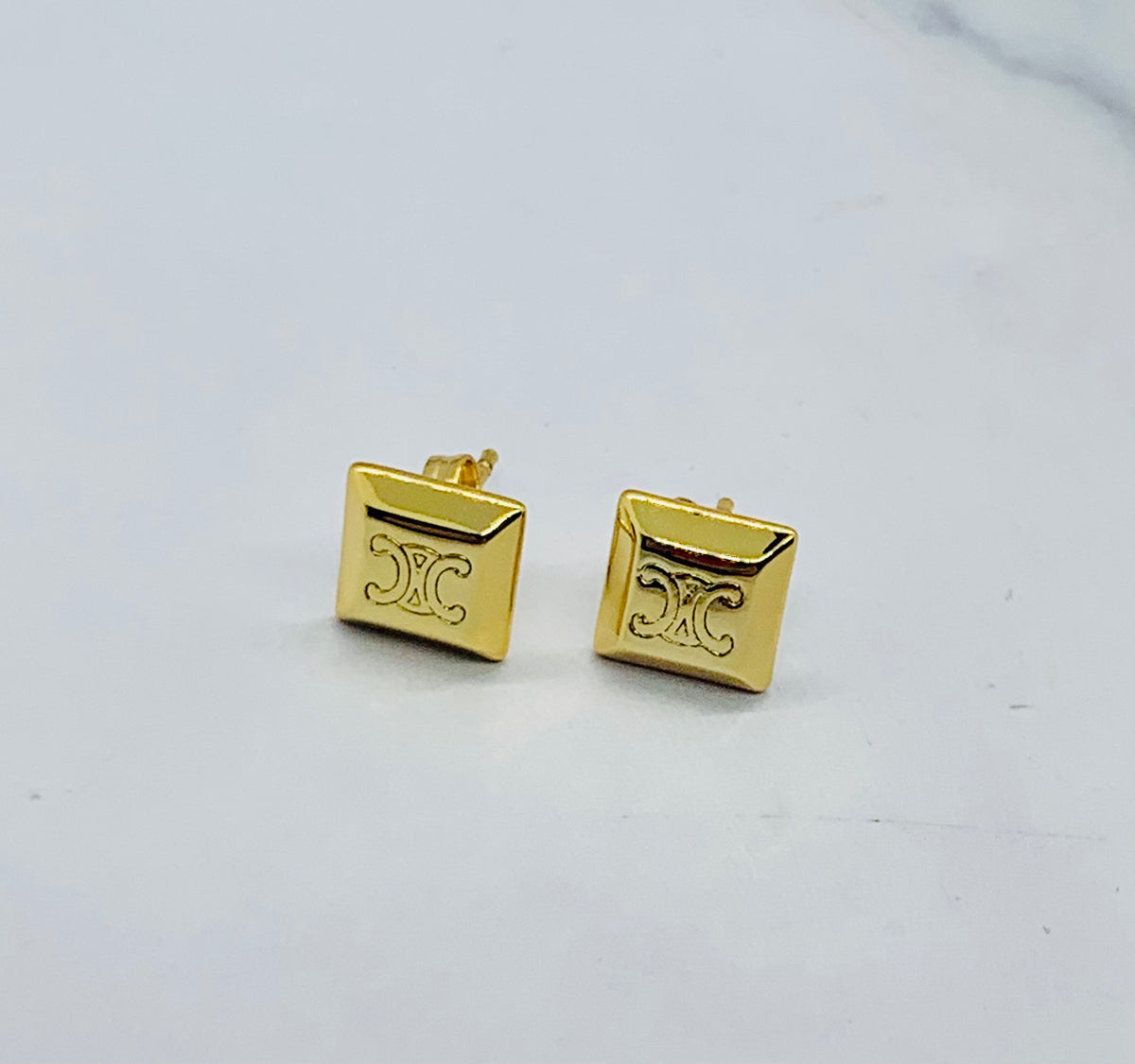 CELINE Monogram Gold Tone Square Earrings - Pre owned