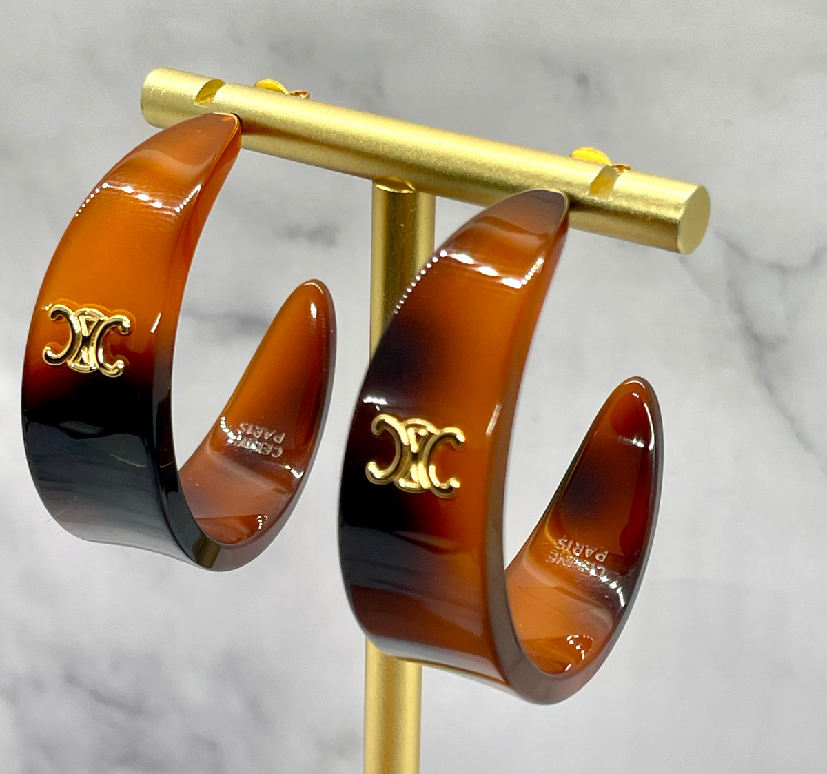 CELINE Monogram Tortoise Hoop Earrings - Pre owned