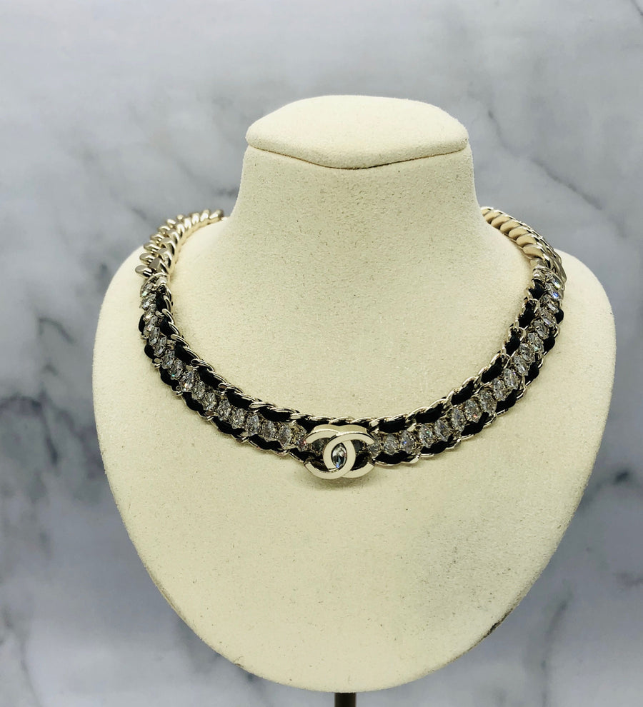 CHANEL CC Leather Rhinestone Choker Necklace - USED
