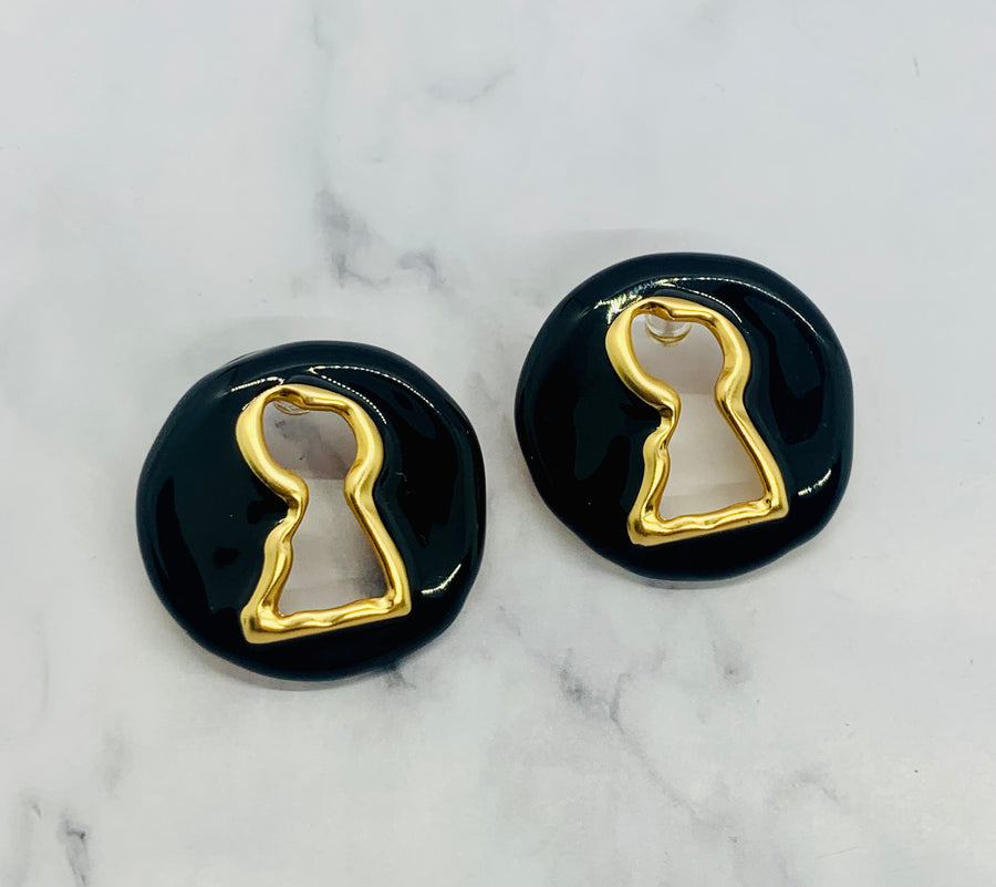 SCHIAPARELLI Statement Black Key Hole Earrings - Pre owned
