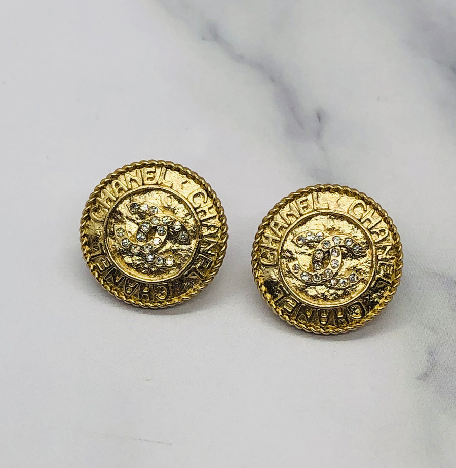 CHANEL CC Gold Tone Rhinestone Button Earrings - Pre owned