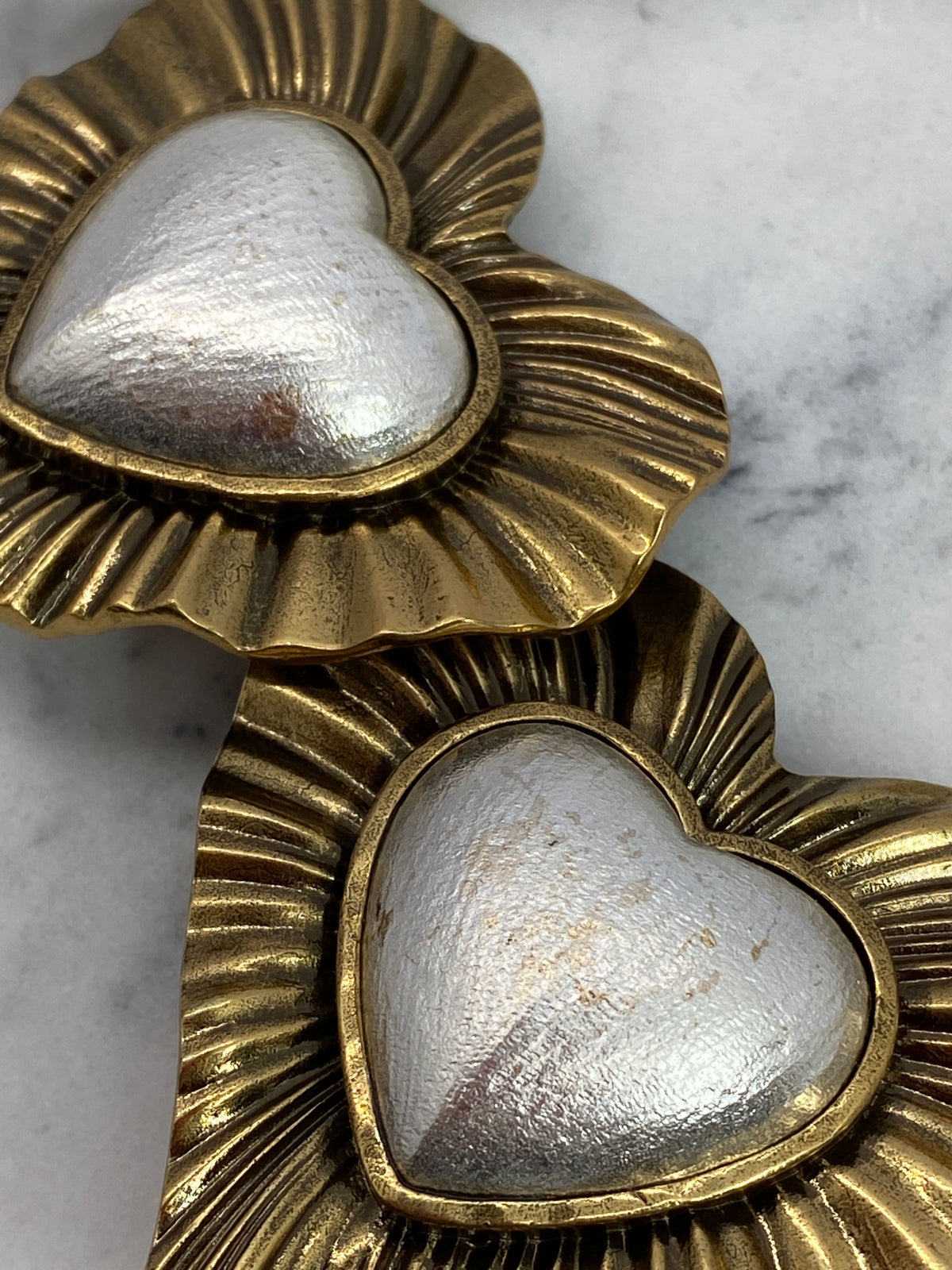 YSL YVES SAINT LAURENT Brass & Silver Heart Earrings - Pre owned