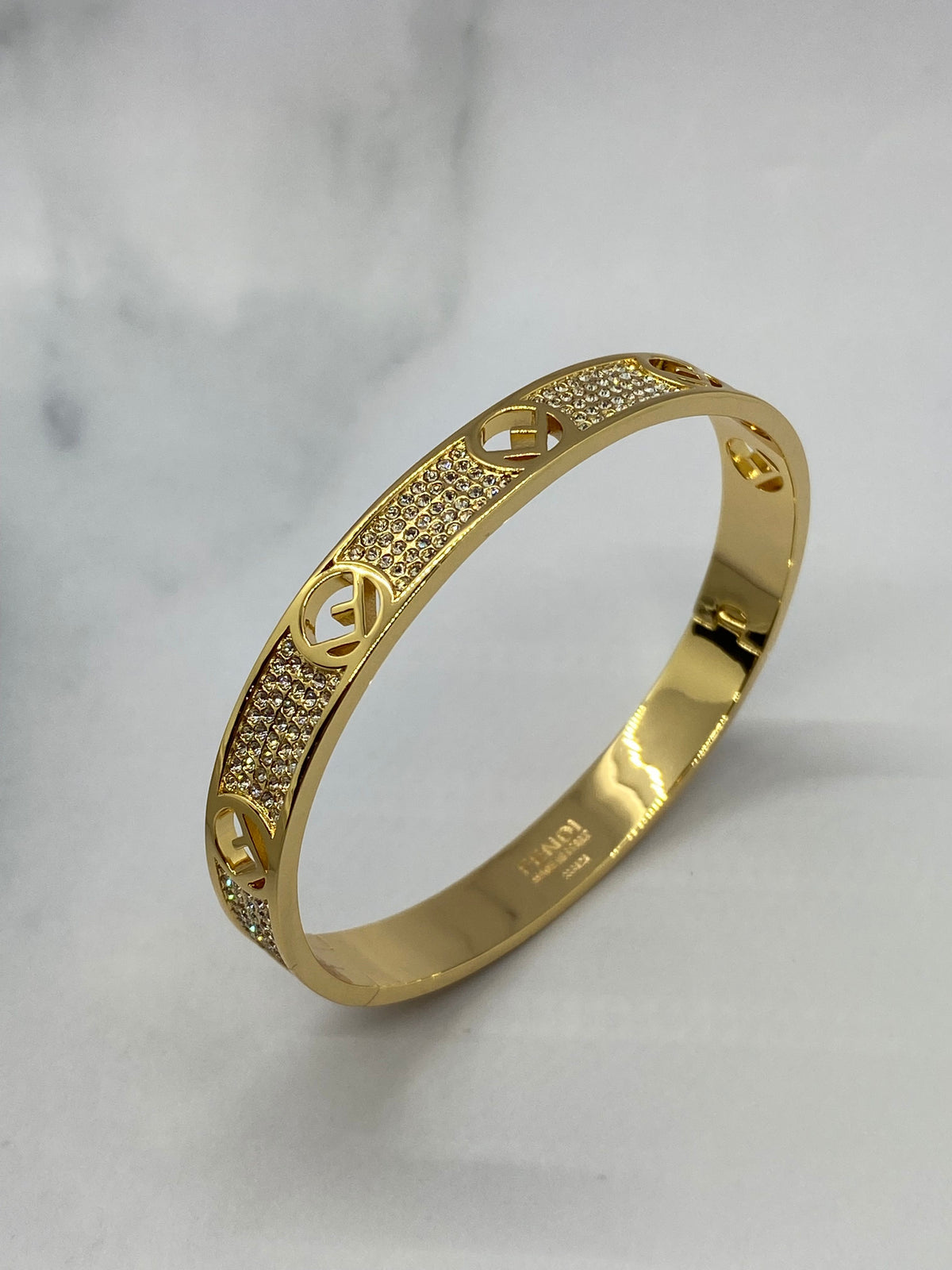 FENDI F Gold Tone Rhinestone Bangle Cuff Bracelet - Pre owned