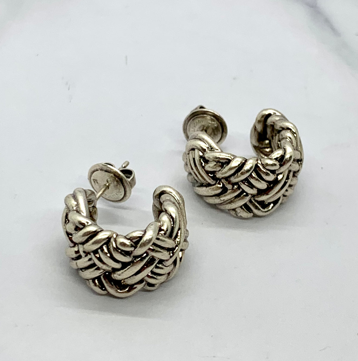 BOTTEGA VENETA Silver Tone Braided Hoop Earrings - Pre owned