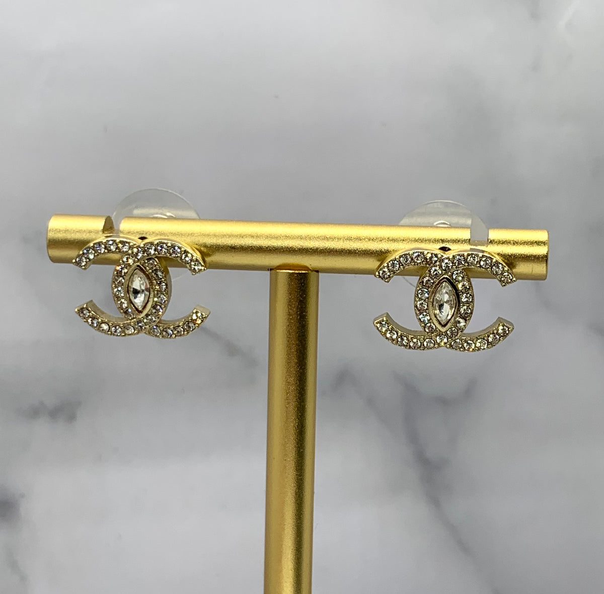 CHANEL CC Gold Tone Rhinestone Earrings - USED