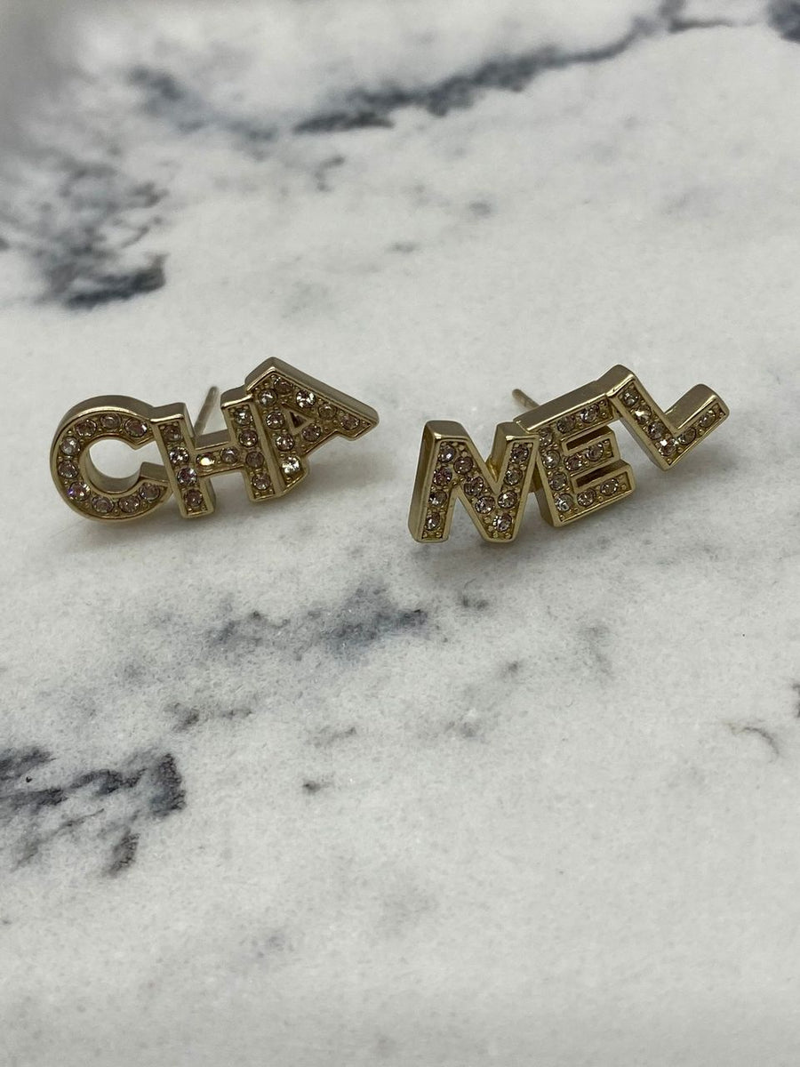 CHANEL CC Gold Tone Rhinestone Block Earrings - Pre owned