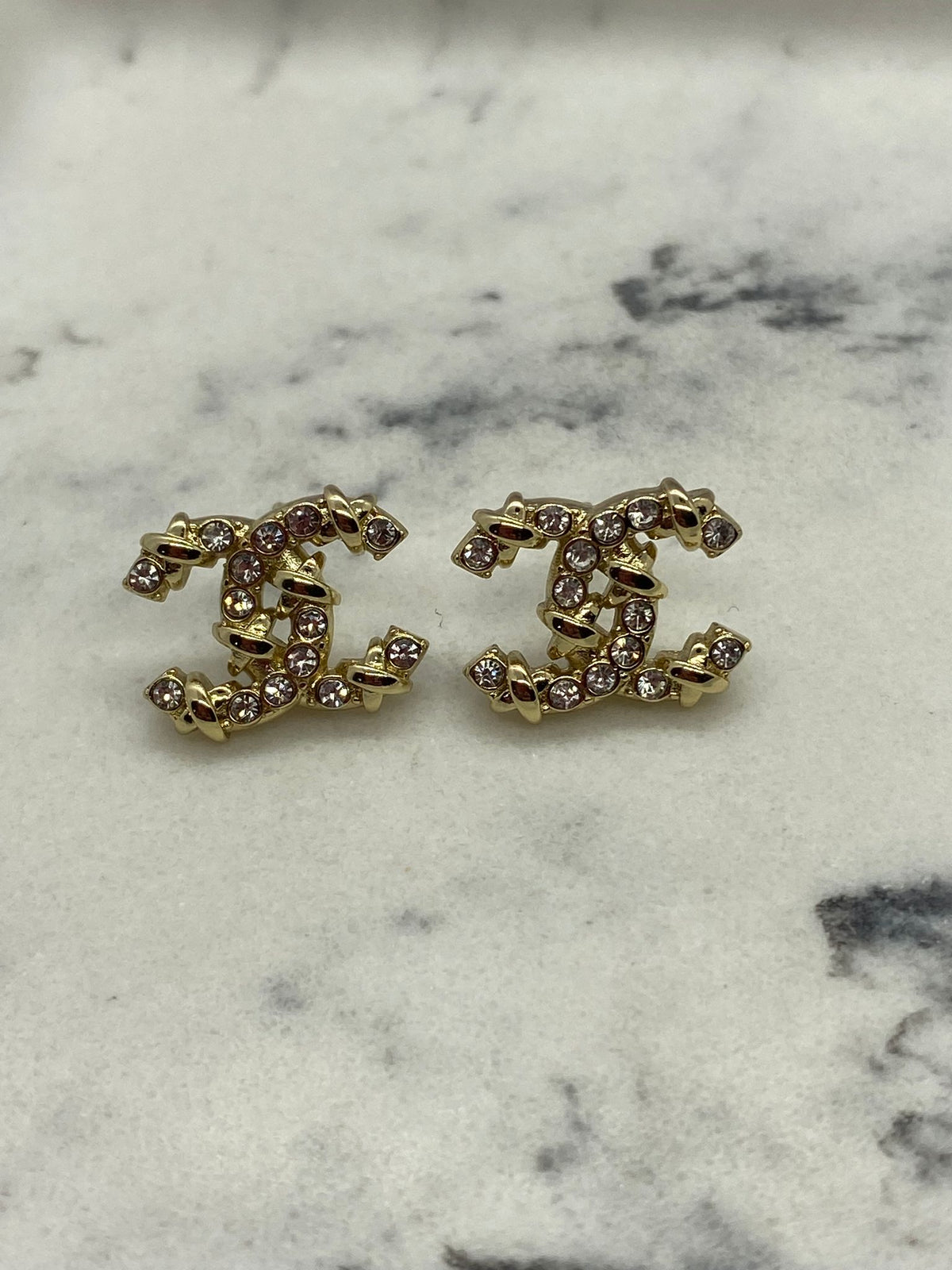 CHANEL CC Gold Tone Rhinestone Small Earrings - USED