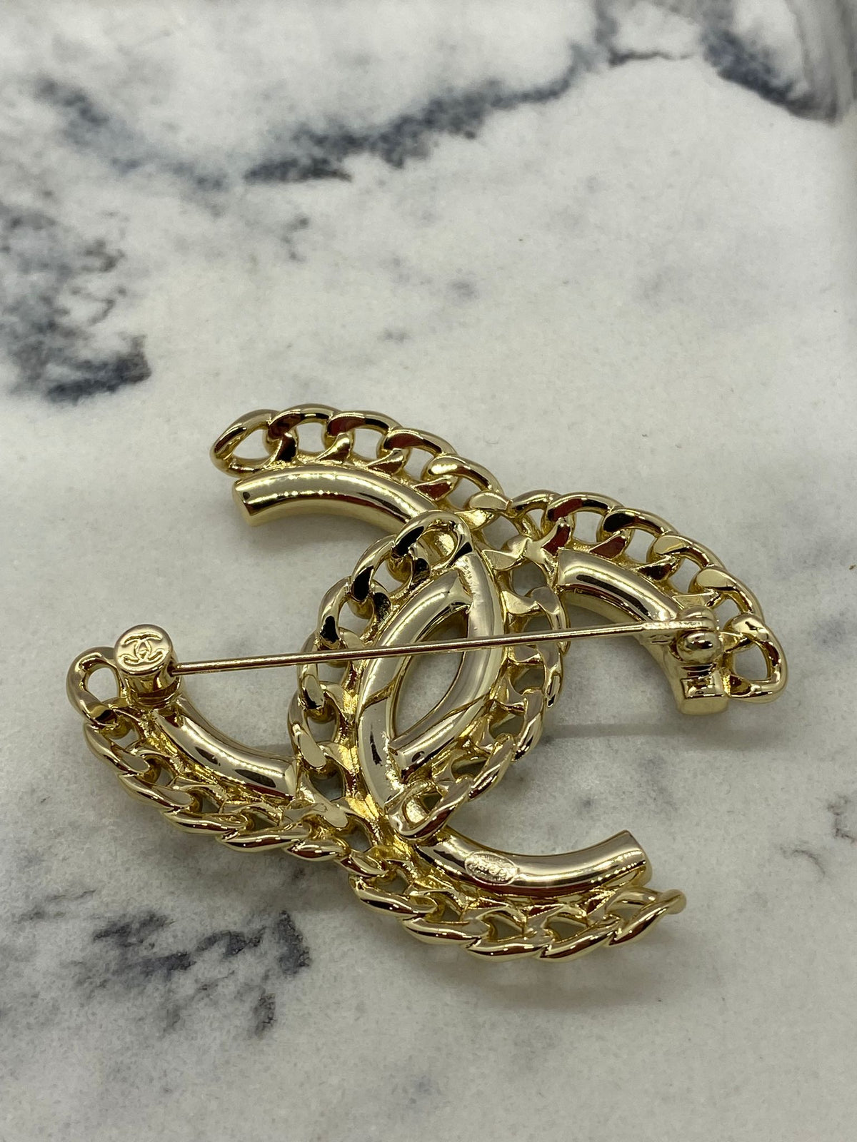 CHANEL CC Gold Tone Rhinestone Brooch Pin - USED