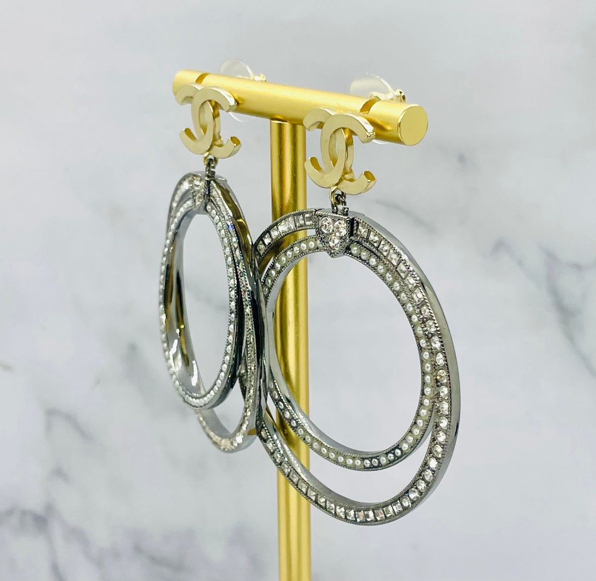 CHANEL CC Double Hoop Rhinestone Earrings - Pre owned