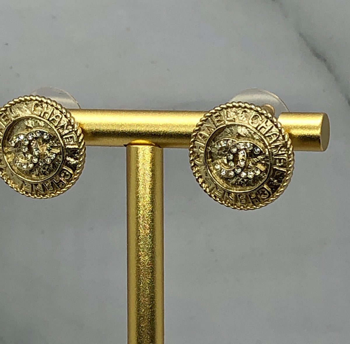 CHANEL CC Gold Tone Rhinestone Button Earrings - Pre owned