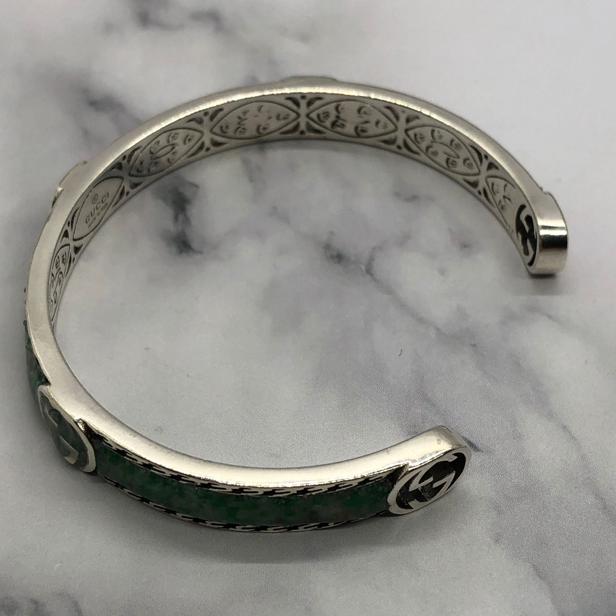 GUCCI GG Green Stripe Silver Cuff Bracelet - Pre owned