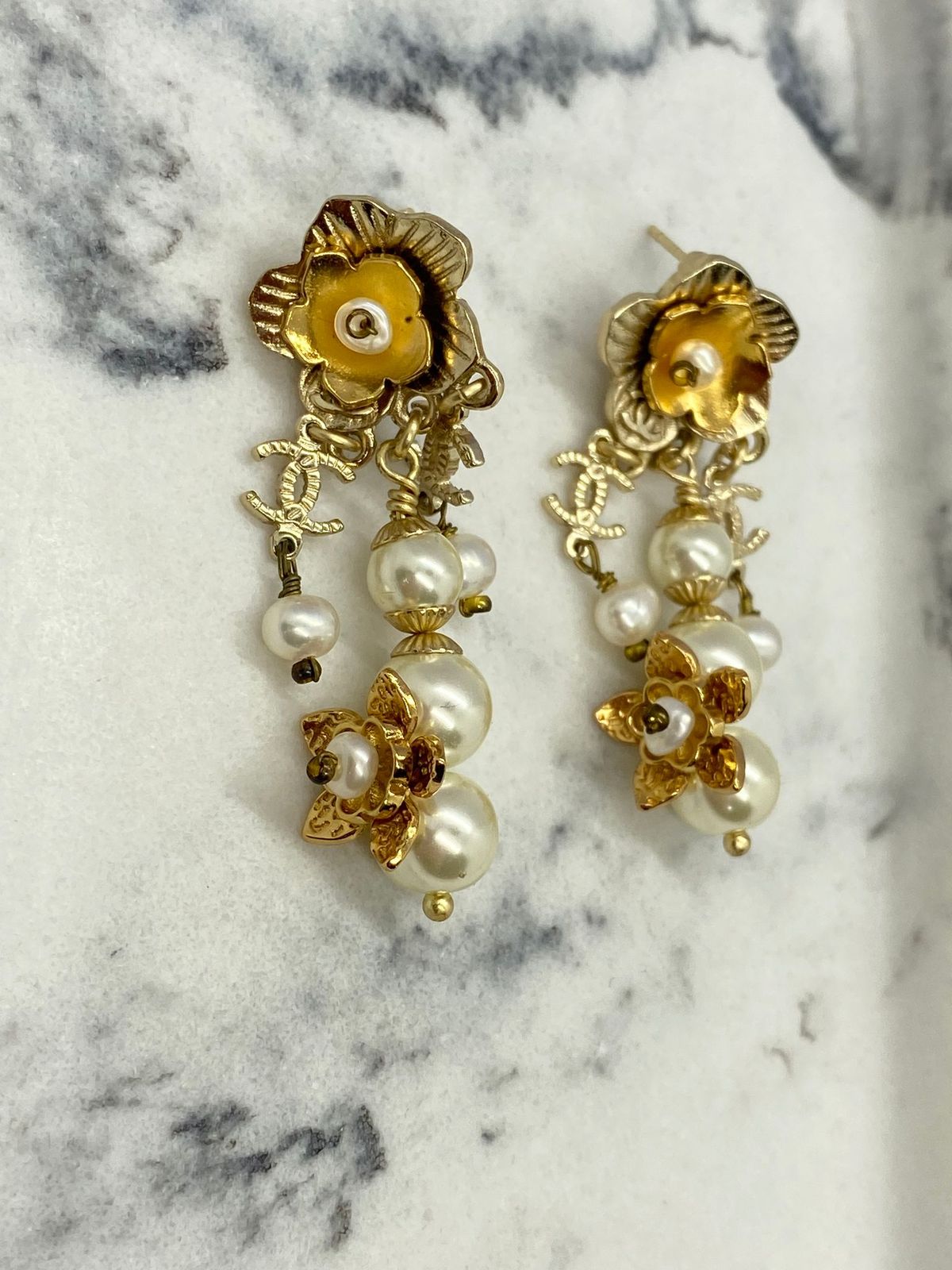 CHANEL CC 2017 Rare Golden Camelia Blossom Earrings - USED
